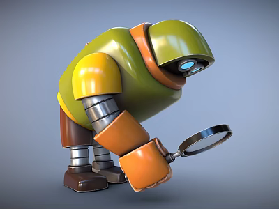 Green Yellow Robot Character Holding Magnifying Glass 3d model