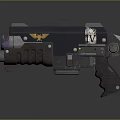 Futuristic Sci Fi Pistol With Black Body Golden Eagle Emblem And Green Indicator Light