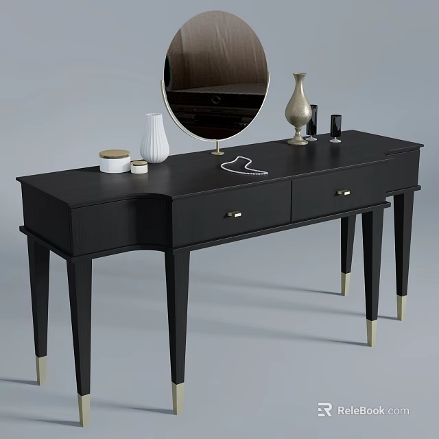 Black Dressing Table with Round Mirror Drawers Vase Cosmetic Jars and Golden Legs 3d model 