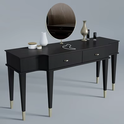 Black Dressing Table with Round Mirror Drawers Vase Cosmetic Jars and Golden Legs 3d model