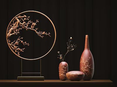 Traditional Chinese Decorative Ornament Set With Circular Branch Carving Stand And Ceramic Vases 3d model