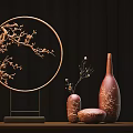 Traditional Chinese Decorative Ornament Set With Circular Branch Carving Stand And Ceramic Vases