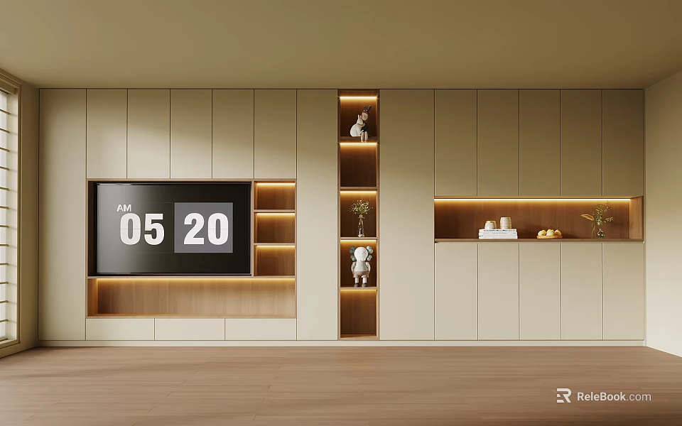 Modern TV Stand With TV Shelves And Decorative Items In Living Room 3d model 