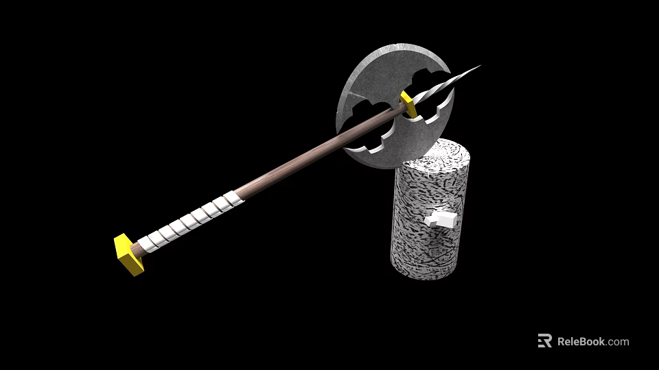 Smart Machine With Axe Design Wooden Handle Yellow Connector Gray Head And Stone Pillar 3d model 
