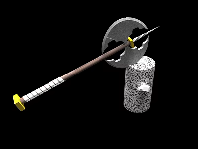 Smart Machine With Axe Design Wooden Handle Yellow Connector Gray Head And Stone Pillar 3d model