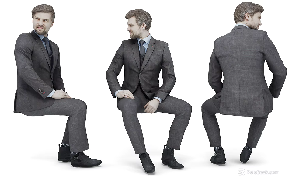 A Man In Gray Formal Suit Sitting From Three Different Angles 3d model 