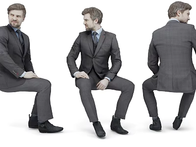 A Man In Gray Formal Suit Sitting From Three Different Angles 3d model