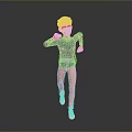 Child Wearing Green Sweater Blue Jeans And White Sneakers Dancing On Gray Gradient Background