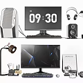 Complete Desktop Computer Setup With Gaming Monitor Keyboard Mouse Headset External Hard Drive Speakers Router 3d model