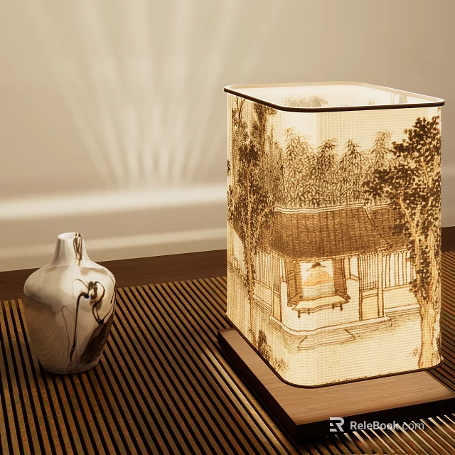 Traditional Chinese Style Table Lamp With Ink Painting Shade And Ceramic Vase On Wooden Table 3d model 