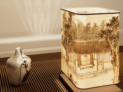 Traditional Chinese Style Table Lamp With Ink Painting Shade And Ceramic Vase On Wooden Table 3d model