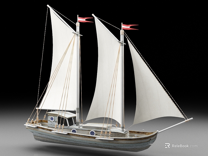 Classic Sailing Ship With White Sails Red Pennants And Intricate Hull Design 3d model 