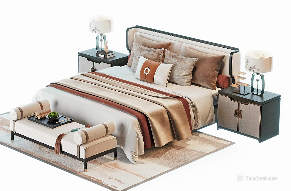 Elegant Modern Double Bed Setup With Bedside Tables Table Lamps And Decorative Pillows 3d model