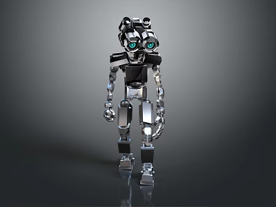 Metallic Humanoid Robot Character With Silver Black Body And Green Glowing Eyes 3d model