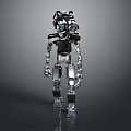 Metallic Humanoid Robot Character With Silver Black Body And Green Glowing Eyes