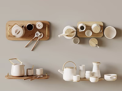 Minimalist Tea Set With Wooden Handled Teapot Matching Teacups And Trays 3d model