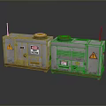 Two Industrial Gray Equipment Units With Warning Signs Metal Casings And Reflective Surface