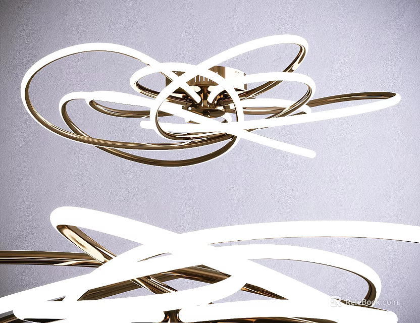 Modern Artistic Ceiling Light With Intertwined White And Gold Circular Rings 3d model