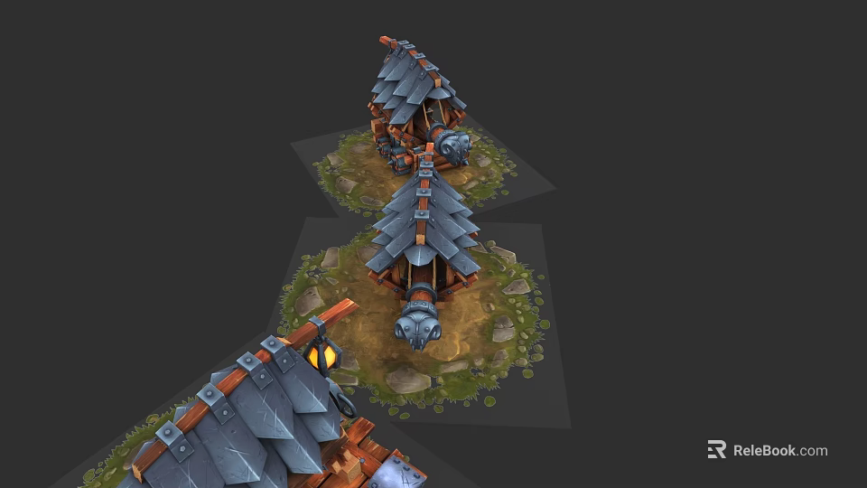 3D Model of Spiked Weapon Featuring Wooden Structure Metal Components and Grass Surroundings 3d model 