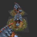 3D Model of Spiked Weapon Featuring Wooden Structure Metal Components and Grass Surroundings