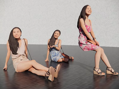 Three Women Sitting On The Floor Smiling Wearing Different Dresses And Shorts 3d model