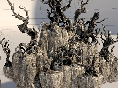 Unique Sculptural Arbor With Twisted Dry Branches On Rocky Base 3d model