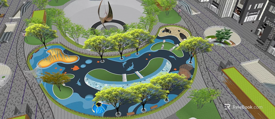 Modern Commercial Landscape Design With Water Features Trees Sculptures And Pathways 3d model 