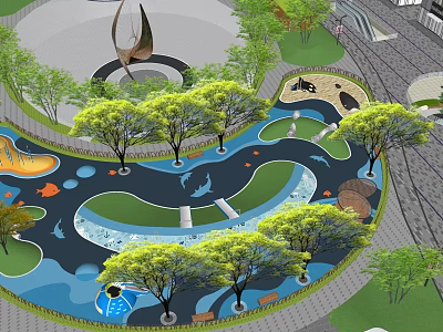 Modern Commercial Landscape Design With Water Features Trees Sculptures And Pathways 3d model