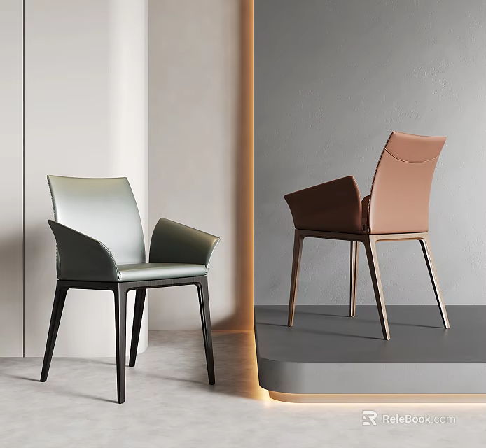 Modern Leisure Chairs With Curved Leather Backrests And Slim Legs In Green And Brown 3d model 