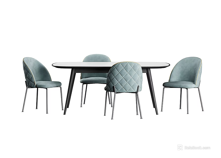 Modern Round Dining Table Set With Light Blue Quilted Chairs And Black Legs 3d model 