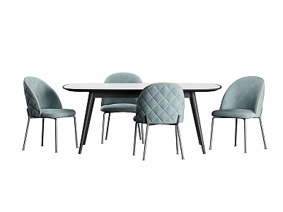 Modern Round Dining Table Set With Light Blue Quilted Chairs And Black Legs 3d model