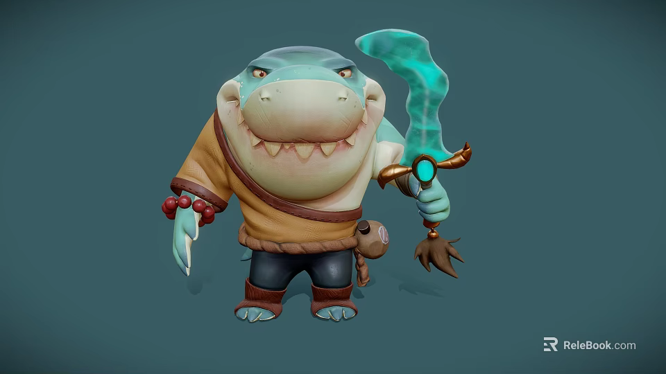 Cartoon Shark Character Holding Glowing Blue Weapon Dressed In Brown Shirt With Red Bead Bracelet 3d model 