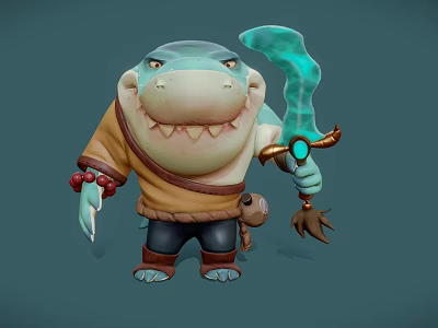 Cartoon Shark Character Holding Glowing Blue Weapon Dressed In Brown Shirt With Red Bead Bracelet 3d model