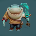 Cartoon Shark Character Holding Glowing Blue Weapon Dressed In Brown Shirt With Red Bead Bracelet