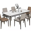 Modern Dining Table Set with White Rectangular Top Six Gray Brown Chairs Green Plant Ornaments 3d model