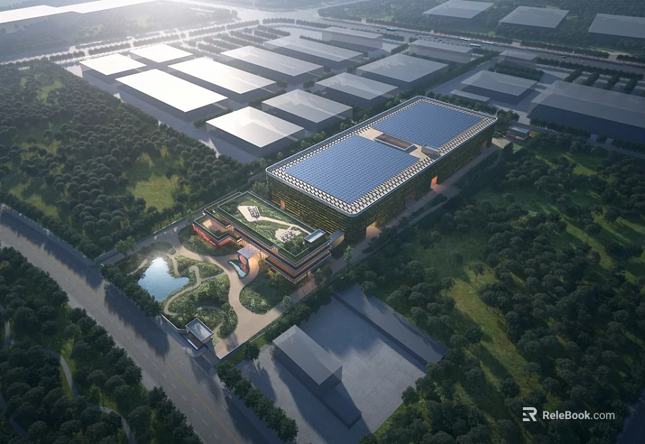 Industrial Factory Complex With Solar Panel Roof Greenery Multiple Warehouse Buildings And Landscaped Design 3d model 