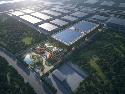 Bird's-eye view of ecological plant area of modern factory building model