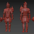 Detailed Character Armor Design With Blue Brown Accents And Weapons Front Back View