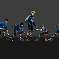 Group of Men Rollerblading with Helmets and Knee Pads on Reflective Dark Surface