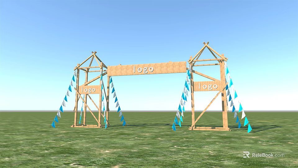 Wooden Entrance Gate With Logo Sign And Blue White Flags On Grass Under Blue Sky 3d model 