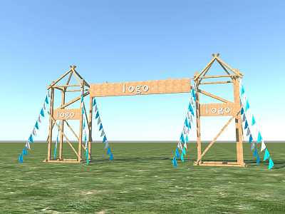 Wooden Entrance Gate With Logo Sign And Blue White Flags On Grass Under Blue Sky 3d model