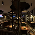 Cozy Restaurant Interior With Wooden Furniture Bohemian Carpet And Hanging Lamps