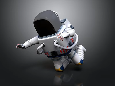 Dynamic Astronaut in White Spacesuit with Dark Helmet Floating on Gray Background 3d model