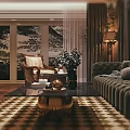 Elegant Living Dining Room Interior With Sofa Coffee Table Rug And Floor to Ceiling Windows