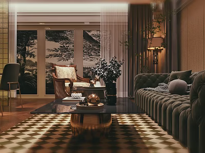 Elegant Living Dining Room Interior With Sofa Coffee Table Rug And Floor to Ceiling Windows 3d model