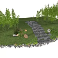Garden Stepping Stones Path With Green Grass Trees And Stone Edges