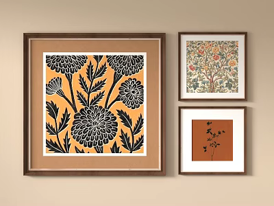 Framed Wall Art with Orange Background Black Floral and Colorful Tree Prints 3d model
