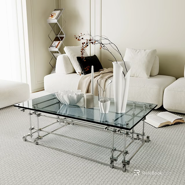 Modern Living Room Interior With Glass Top Coffee Table Metal Frame And Decorative Vases 3d model 