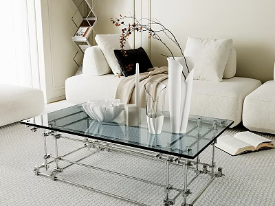 Modern Living Room Interior With Glass Top Coffee Table Metal Frame And Decorative Vases 3d model