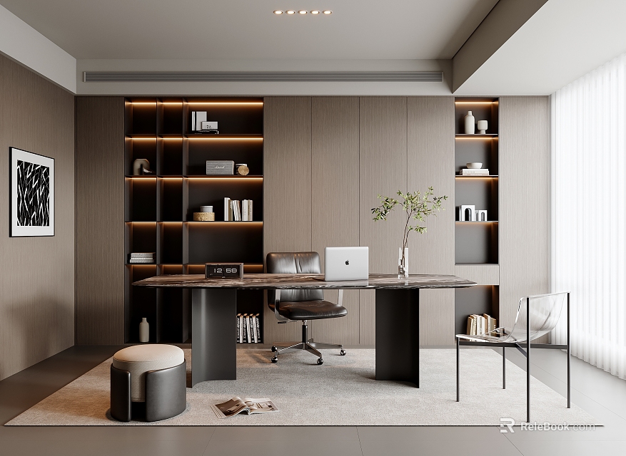 Modern Study Room Interior Design With Wooden Desk Laptop Wall Shelves And Potted Plant 3d model 